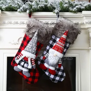 Buffalo Plaid Christmas Stocking with Gnome & Fur Cuff
