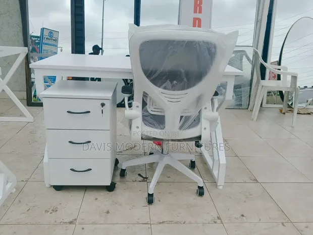 White Modern Office Setup - Table, Pedestal, Ergonomic Chair - 1