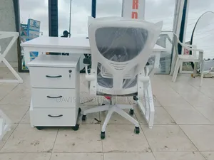 White Modern Office Setup - Table, Pedestal, Ergonomic Chair