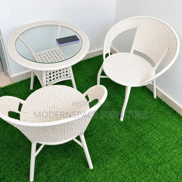 White Rattan Outdoor Chairs and Table Set - 1