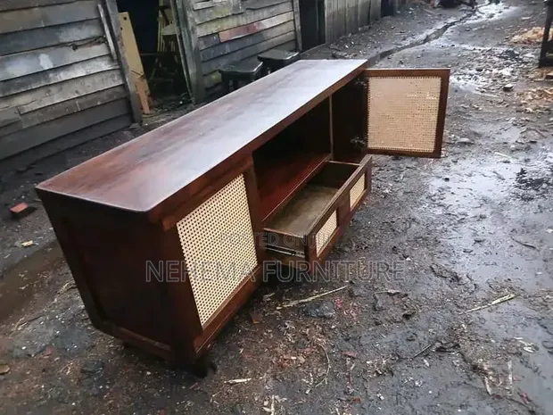 Quality TV Stand with Rattan Doors - 1