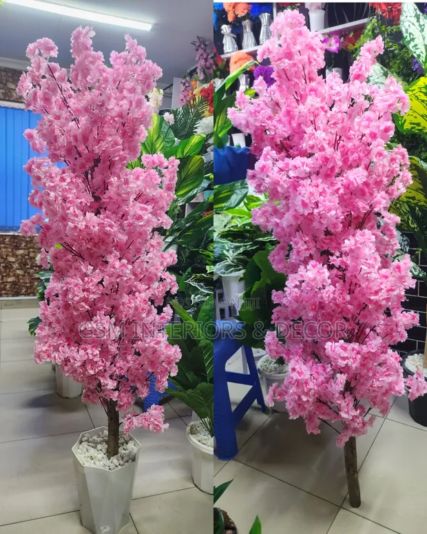 Mmea Mzuri Bandia wa Maua ya Cherry Pink 1.8m na Vase - 1