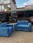3 Seater & 2 Seater Blue Sofa Set with Cup Holders - 1
