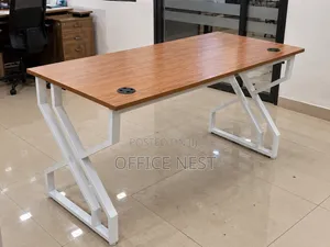Modern Office Desk - Wooden Top, White Metal Legs