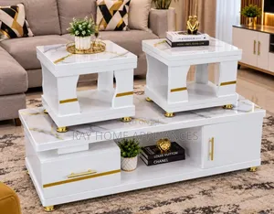 Coffee Table with Glass/Marble Top & 2 Stools