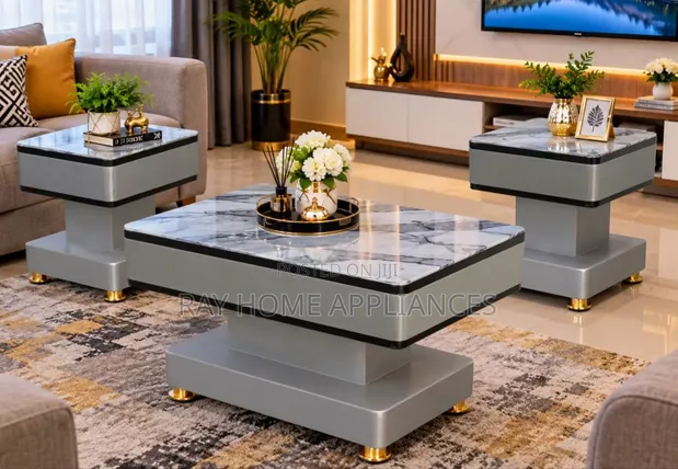 Grey Coffee Table with Glass/Marble Top & 2 Stools - 1