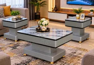 Grey Coffee Table with Glass/Marble Top & 2 Stools