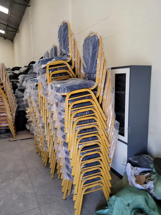 Seminar/Restaurant Chairs - Navy Blue Fabric, Gold Frame - 1