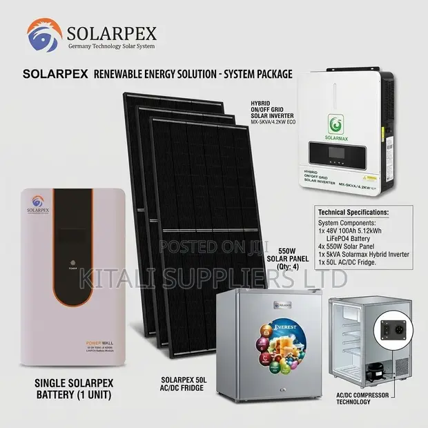 Solarpex 5KVA Hybrid System na 48V 100Ah LiFePO4 Battery, Paneli 4x550W & Friji 50L - 1