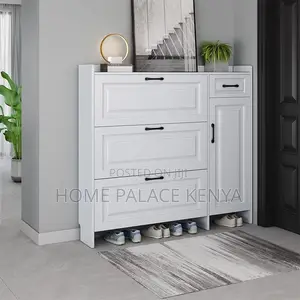 Elegant White Wood Shoe Cabinet with Drawers