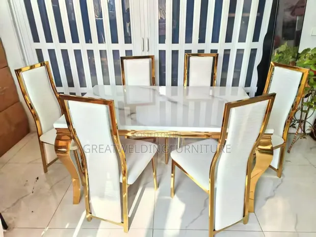 6 Seater Marble Top Dining Set with PU Leather Seats & Golden Legs - 1