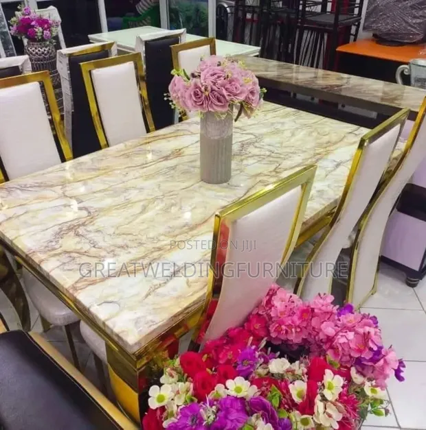 Elegant 6 Seater Marble Top Dining Set with Golden Legs - 1