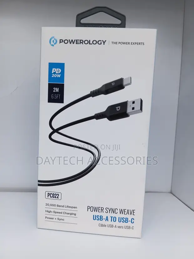 Powerology Kebo ya USB-A hadi USB-C 2M PD 20W - 1