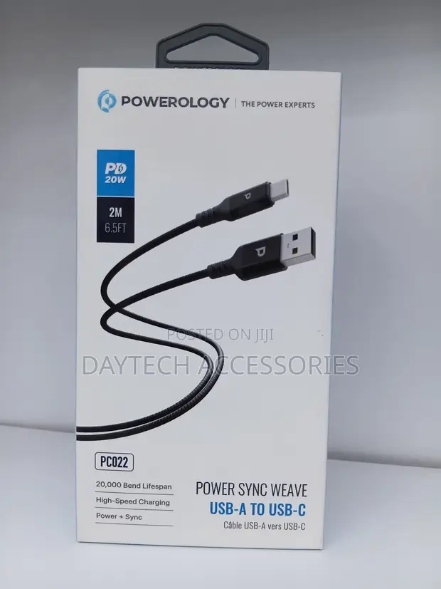 Powerology USB-A to USB-C 1.2m Braided Nylon Cable - 1