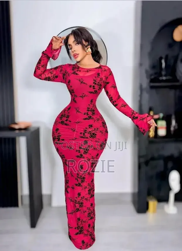Red Long Sleeve Maxi Dress for Women - 1