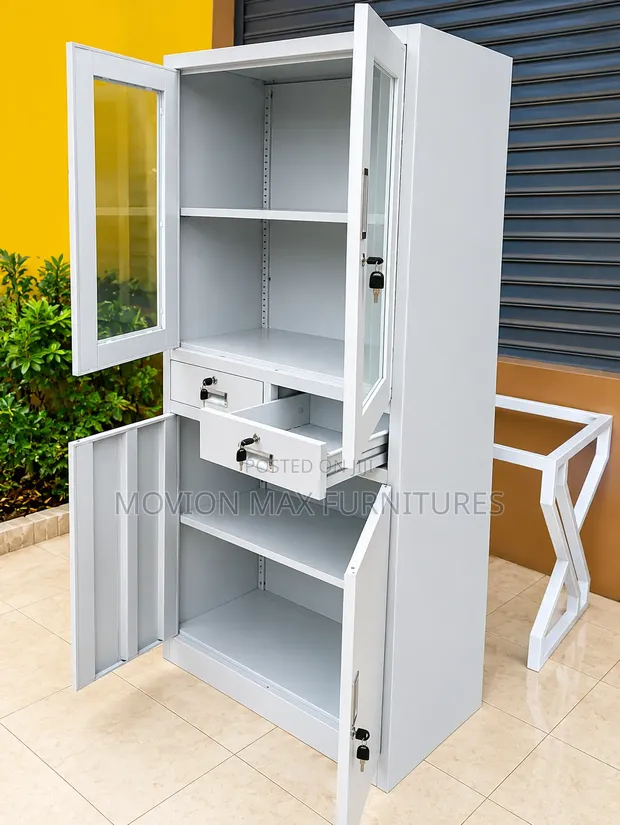 Steel Office Storage Cabinet with Glass Doors & Lockable Drawers - 1