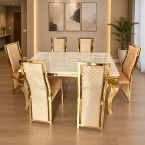 Seti ya Meza ya Kula ya Champagne Beige ya Viti 6 na Kifuniko cha Marumaru