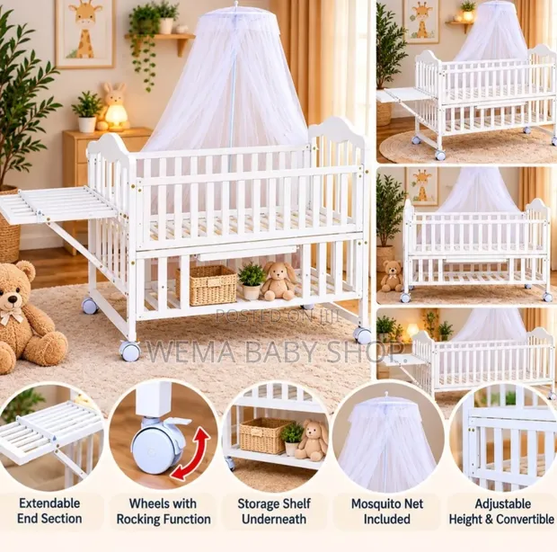 Wheeled Multi-Functional Wooden Baby Crib (Mattress + Net) - 1