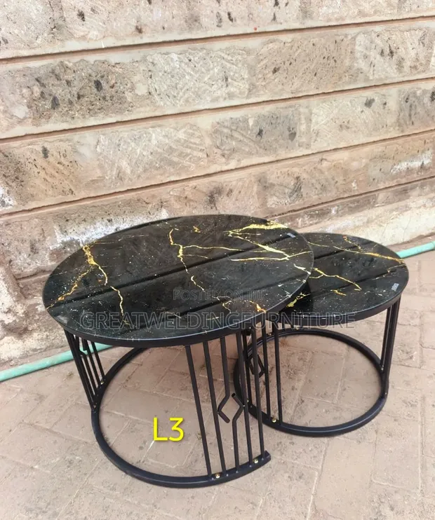 Modern Black & Gold Marble-Effect Glass-Top Nesting Coffee Tables - 1