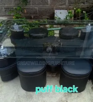 Vintage Black Modern Puff Glass Coffee Table Set with 4 Stools