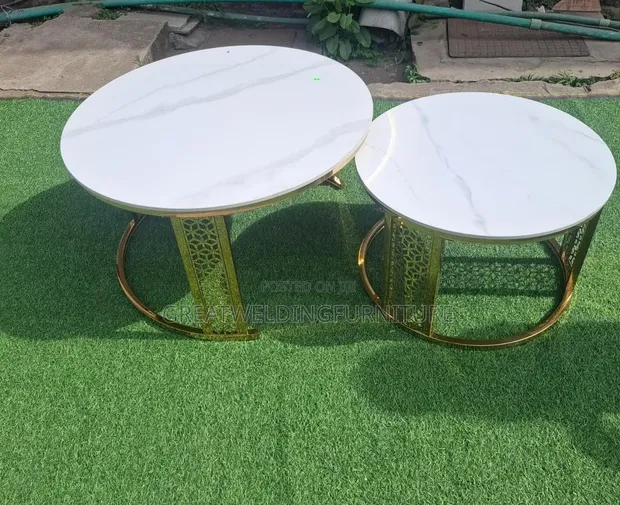 White Faux Marble Nesting Coffee Tables with Gold Lattice Base - 1