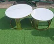White Faux Marble Nesting Coffee Tables with Gold Lattice Base - 1