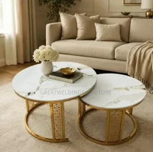 White Faux Marble Nesting Coffee Tables with Gold Lattice Base