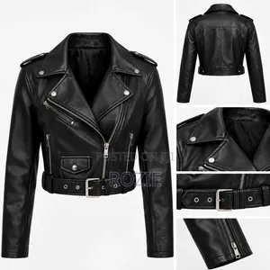 Women's Black Cropped Leather Jacket - Size 2XL