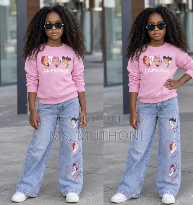 2 Pc Sweatshirt & Wide-Leg Character Print Jeans Set (3-10 Yrs) - 1