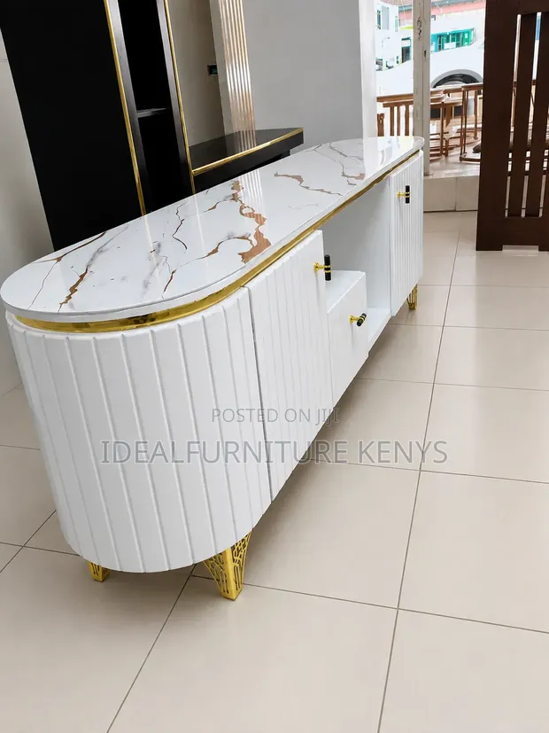 Luxury White & Gold Fluted TV Stand - Modern Marble-Top Entertainment Unit - 1