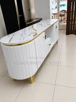 Luxury White & Gold Fluted TV Stand - Modern Marble-Top Entertainment Unit