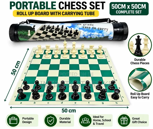 Portable Chess Roll Up Board 50x50cm with Carrying Tube - 1