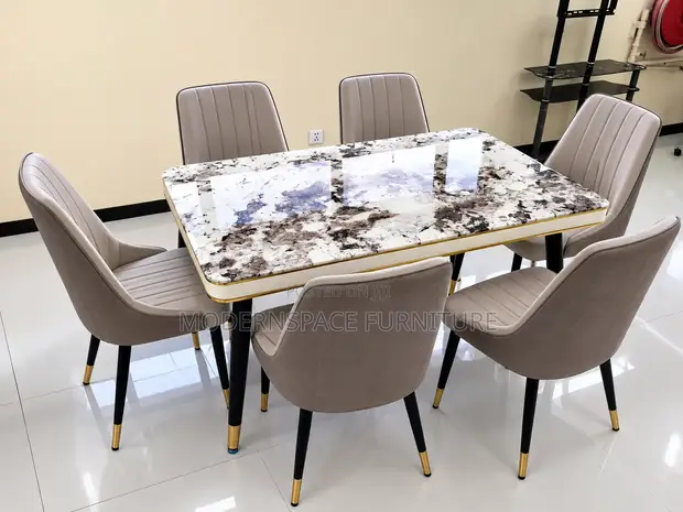 Modern 6-Seater Marble Dining Set with Gold Accents - 1