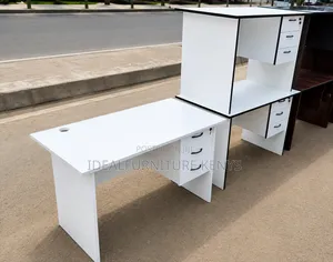 Modern White Office Desk with Drawers & Hutch