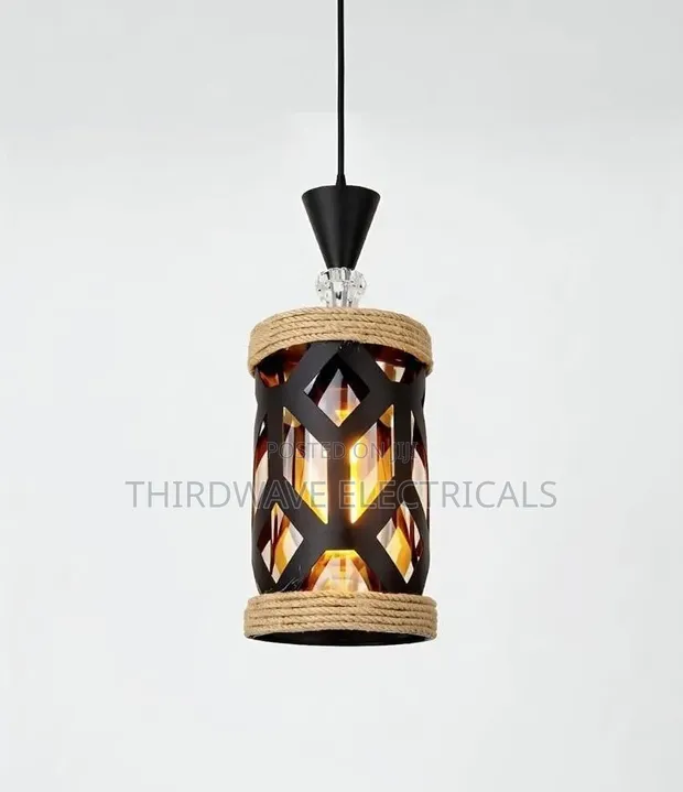 Modern Black Metal & Rope Cylinder Pendant Light - 1