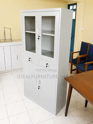 Premium White Steel Office Storage Cabinet with Glass Doors & Lock
