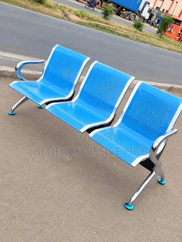 3 Seater Blue Metal Waiting Bench for Office - 1