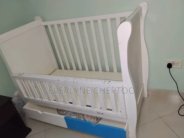 Sturdy White Wooden Baby Cot/Crib with Drawer and Mattress - 1