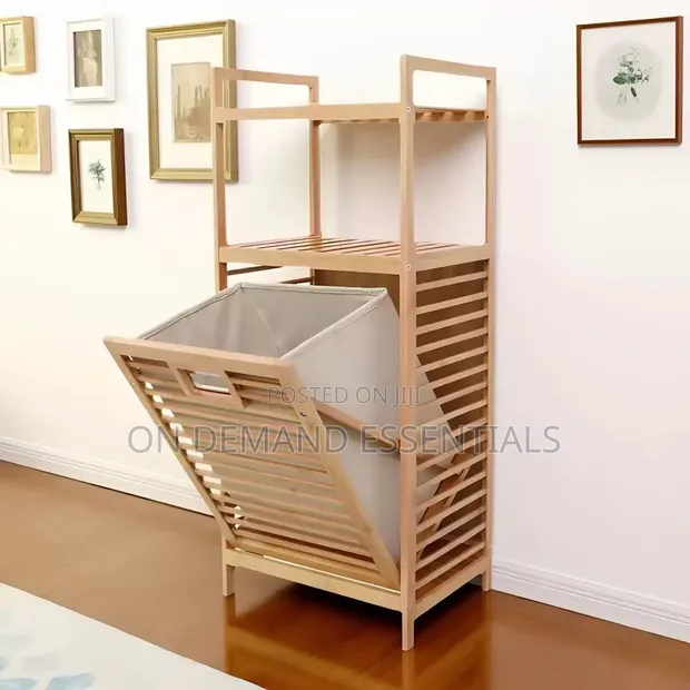 Kikapu cha Kufulia cha Bamboo cha 2-in-1 chenye Rafu ya Hifadhi - 1
