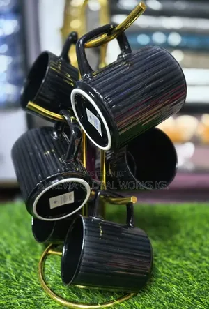 Ribbed Ceramic Mug Set (Black) - 350ml (6 Pieces)