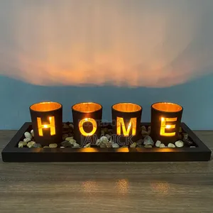 Home-Branded 4pc Glass Candle Holder Set with Wooden Base