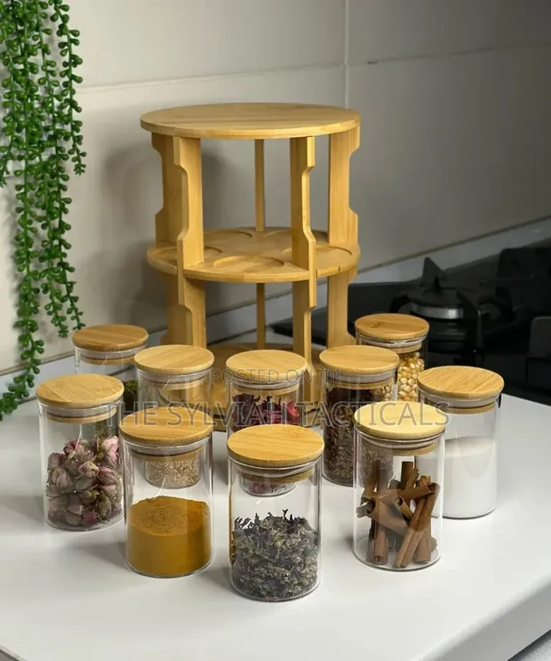 Bamboo 360° Rotating Spice Rack with 10 Glass Jars - 1