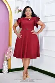 Elegant Maroon Skater Dress with Ruffle Sleeves & Belt - Brand New - 2