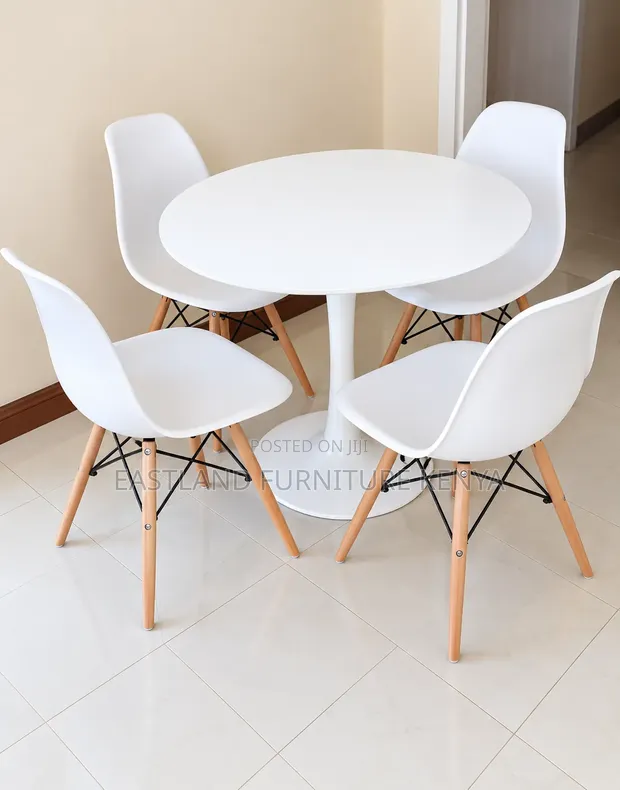 Modern 4-Seater Round Dining Set - White Table & Designer Chairs - 1