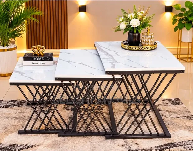 Modern Nesting Coffee Table - White Marble Effect - 1