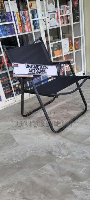 Foldable Black Camping Chair with Wooden Armrests