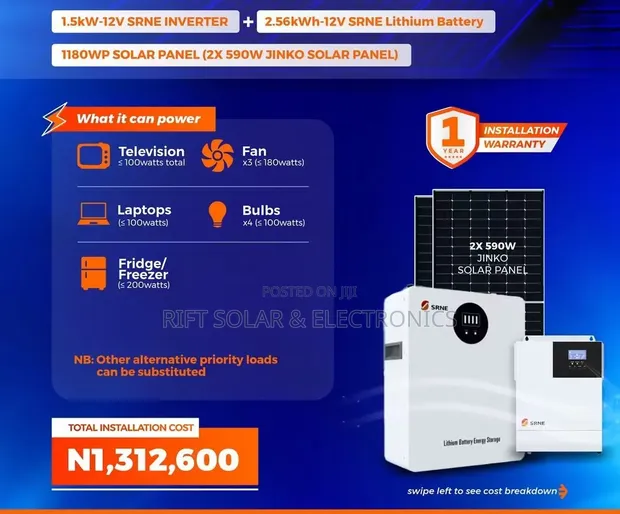 SRNE 1.5kVA Hybrid Inverter & 2.56kWh Lithium Battery Solar Kit - 1