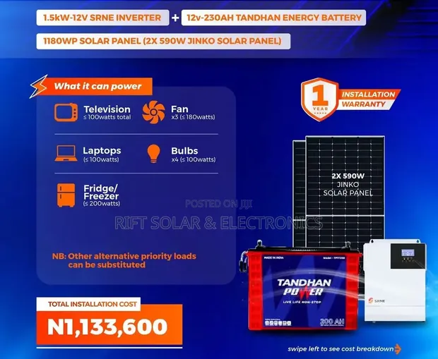 1.5kVA Hybrid Inverter with 200Ah Tubular Battery & 2x590W Solar Panels - 1