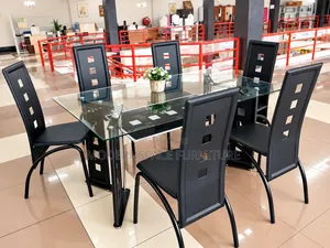6-Seater Dining Set ya Kioo - Viti Vyeusi vya Kisasa