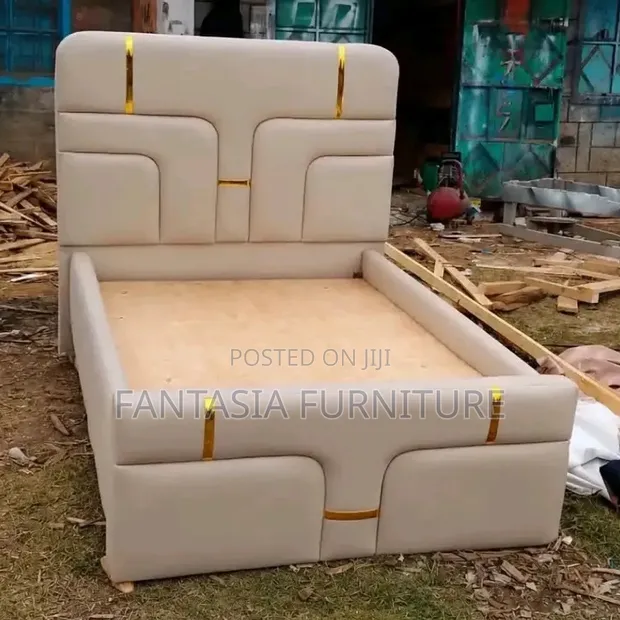 5x6 Cream Bed Frame with Padded Headboard - 1